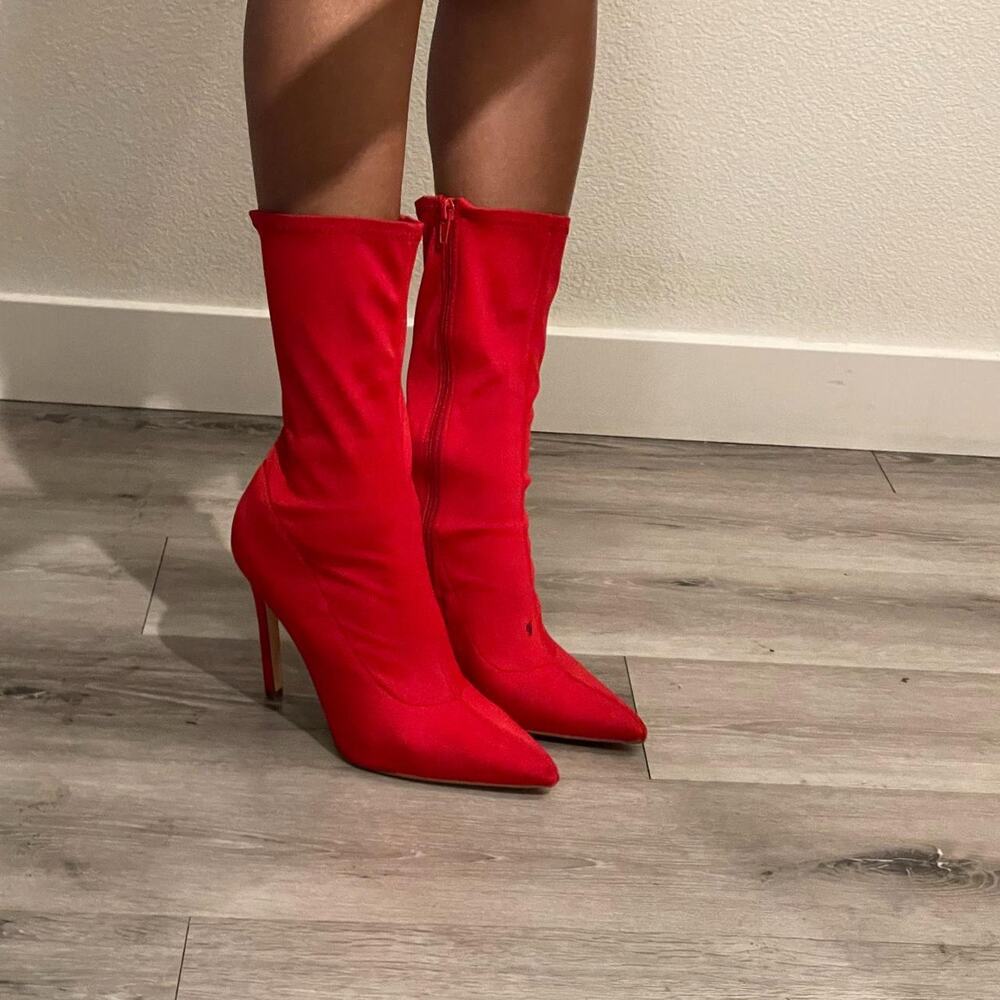 Red Pointed Sock High Heels